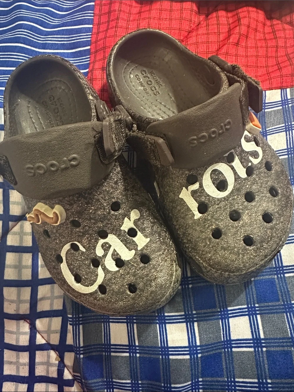CROCS Kids Brown and Gray Felt Clogs with Playful Lettering